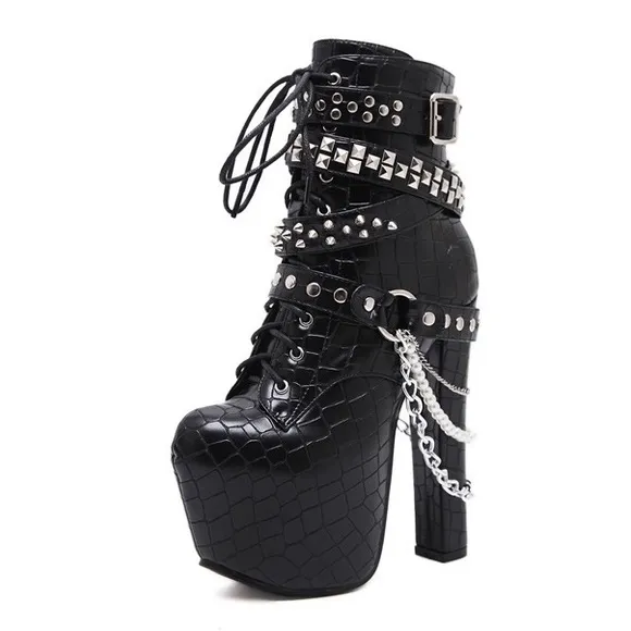 🍒 3PC SET HAT BOOTS GLOVES CHAIN STUD PUNK HIGH HEEL PLATFORM FINGERLESS GOTHIC