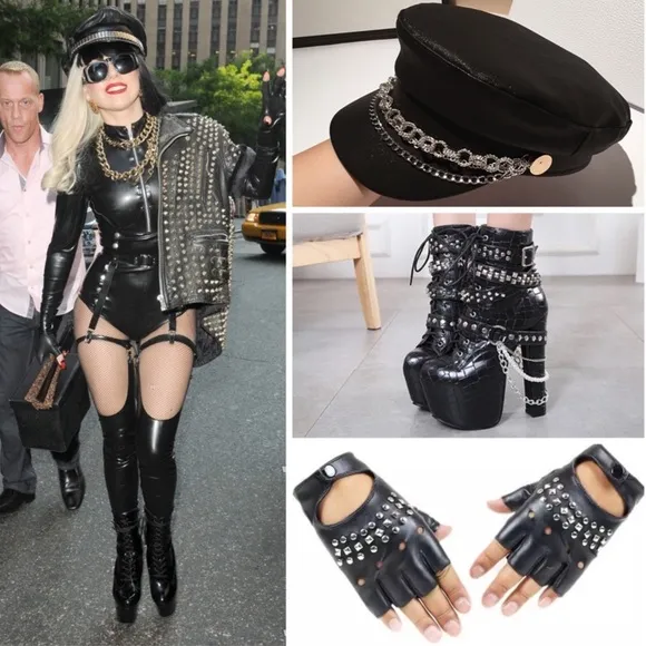 🍒 3PC SET HAT BOOTS GLOVES CHAIN STUD PUNK HIGH HEEL PLATFORM FINGERLESS GOTHIC