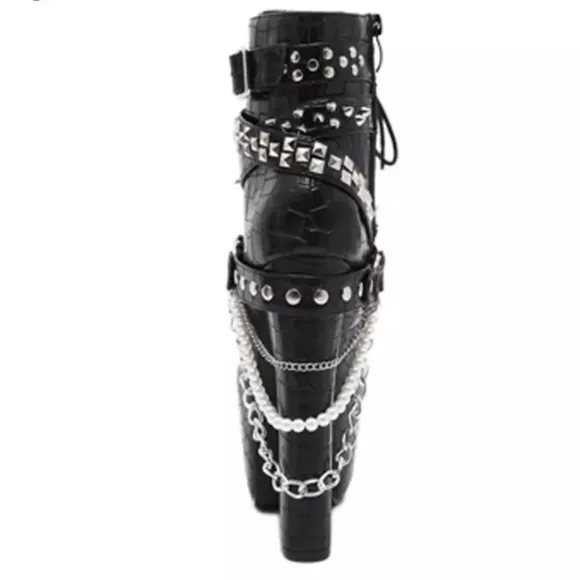 🍒 3PC SET HAT BOOTS GLOVES CHAIN STUD PUNK HIGH HEEL PLATFORM FINGERLESS GOTHIC