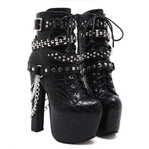 🍒 3PC SET HAT BOOTS GLOVES CHAIN STUD PUNK HIGH HEEL PLATFORM FINGERLESS GOTHIC