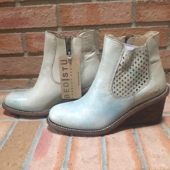 🆕 Bed Stu Countess Blue Rustic Leather Wedge Ankle Boots size 7
