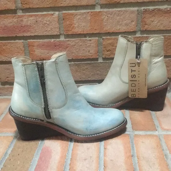 🆕 Bed Stu Countess Blue Rustic Leather Wedge Ankle Boots size 7