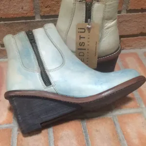 🆕 Bed Stu Countess Blue Rustic Leather Wedge Ankle Boots size 7