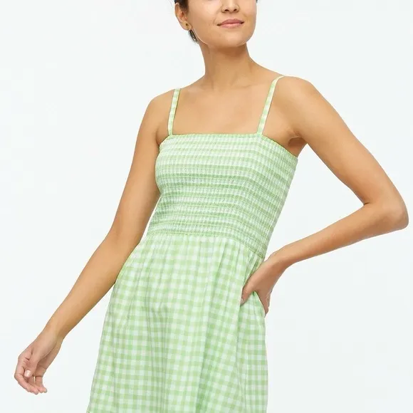 💚 J. Crew, Neon Lime Green Gingham Tiered Midi Dress