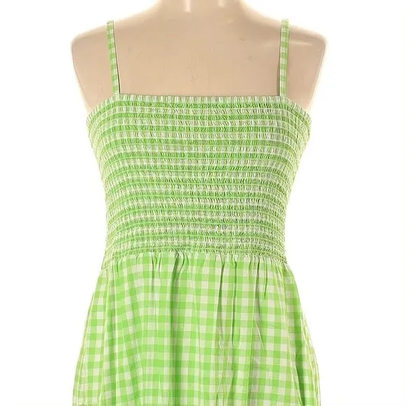 💚 J. Crew, Neon Lime Green Gingham Tiered Midi Dress