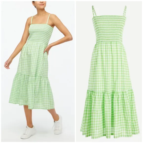 💚 J. Crew, Neon Lime Green Gingham Tiered Midi Dress