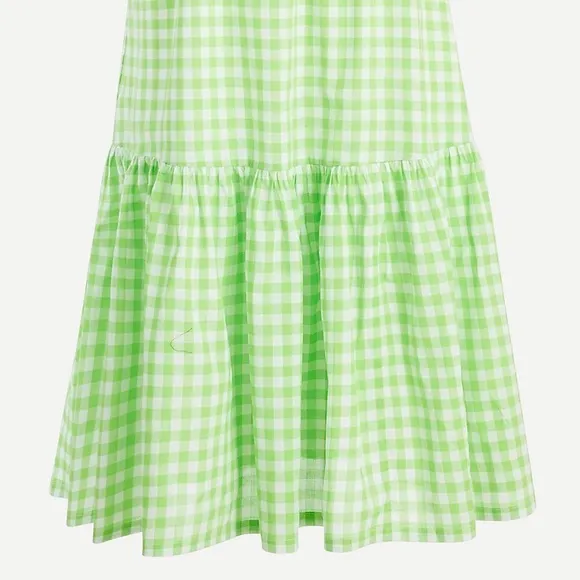 💚 J. Crew, Neon Lime Green Gingham Tiered Midi Dress