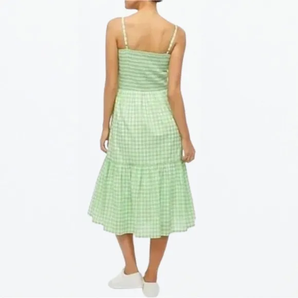 💚 J. Crew, Neon Lime Green Gingham Tiered Midi Dress
