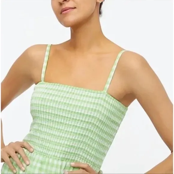💚 J. Crew, Neon Lime Green Gingham Tiered Midi Dress