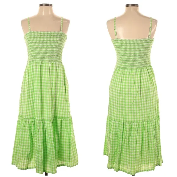 💚 J. Crew, Neon Lime Green Gingham Tiered Midi Dress