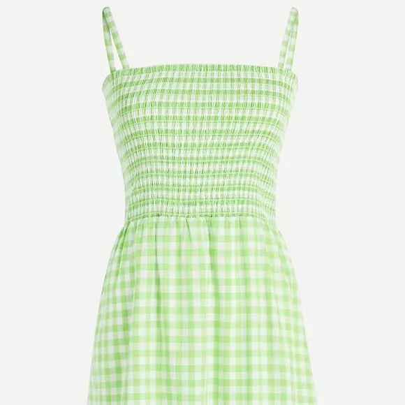 💚 J. Crew, Neon Lime Green Gingham Tiered Midi Dress