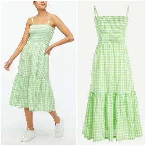💚 J. Crew, Neon Lime Green Gingham Tiered Midi Dress
