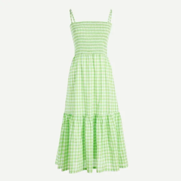 💚 J. Crew, Neon Lime Green Gingham Tiered Midi Dress