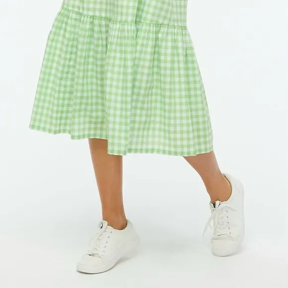 💚 J. Crew, Neon Lime Green Gingham Tiered Midi Dress