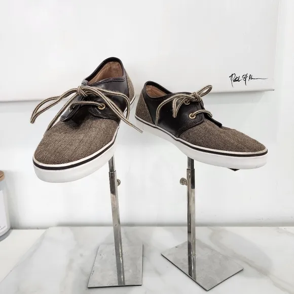 [ JANIE AND JACK] boys size 3,brown leather/ herringbone print lace up shoe.
