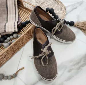 [ JANIE AND JACK] boys size 3,brown leather/ herringbone print lace up shoe.