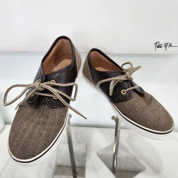 [ JANIE AND JACK] boys size 3,brown leather/ herringbone print lace up shoe.