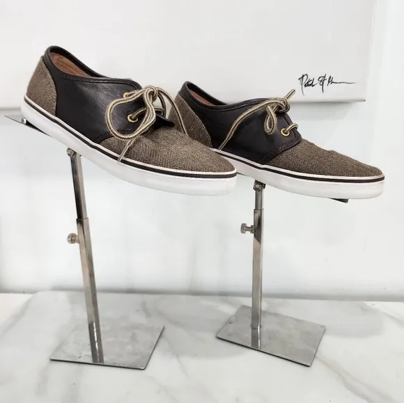 [ JANIE AND JACK] boys size 3,brown leather/ herringbone print lace up shoe.