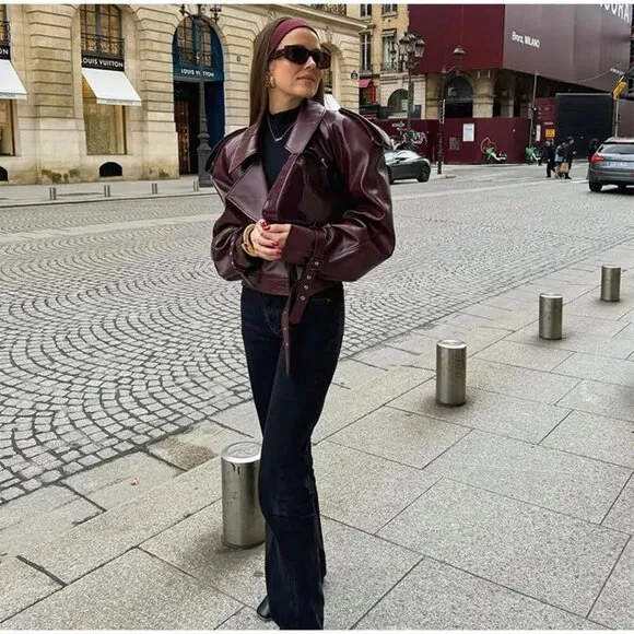 ⭐ THLAI Women's PU Leather Motorcycle Jacket Retro Oversized Biker Coat