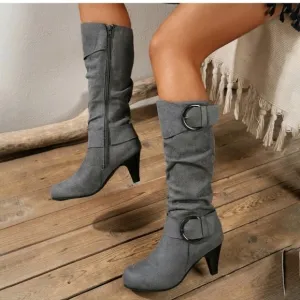 1 Pair Fashion Mid-Heel Tall Boots With Side Zipper For Women, Korean Style