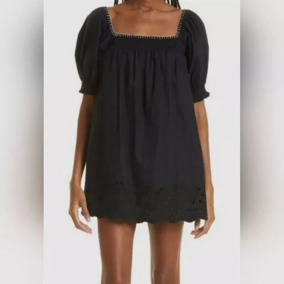 $335 Rhode Women's Black Evie Embroidered Eyelet Babydoll Dress Size XL