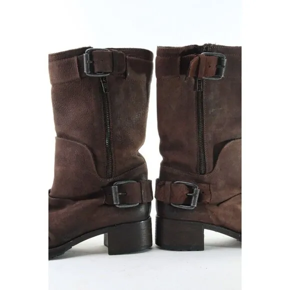 $550 vera wang lavender mid calf boots brown motorcycle buckle biker women 7.5 M