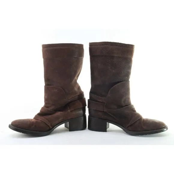$550 vera wang lavender mid calf boots brown motorcycle buckle biker women 7.5 M