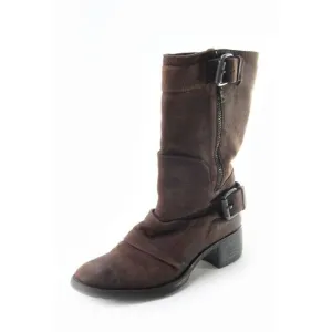 $550 vera wang lavender mid calf boots brown motorcycle buckle biker women 7.5 M