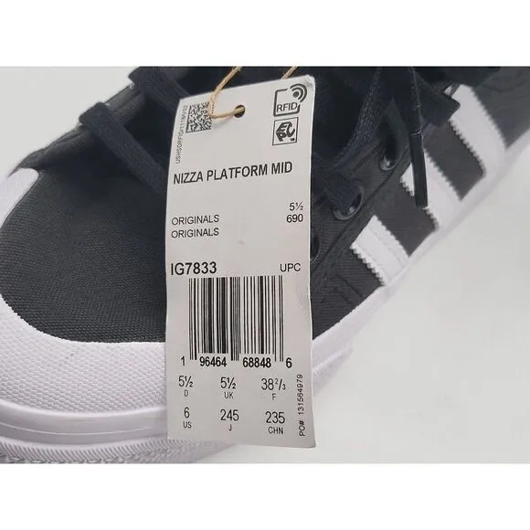 Adidas Nizza Platform Mid Mens Black White Shoes IG7833 Size 6