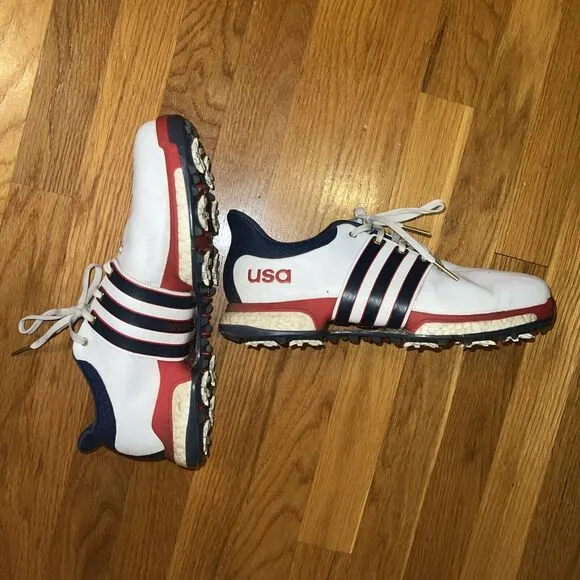 Adidas Tour 360 USA Golf Shoes White Blue Red 3 Stripes Climaproof Men Size 9