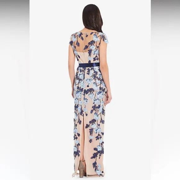 Adrianna Papell Embroidered Floral Mesh Column Gown | Size 6 NWT
