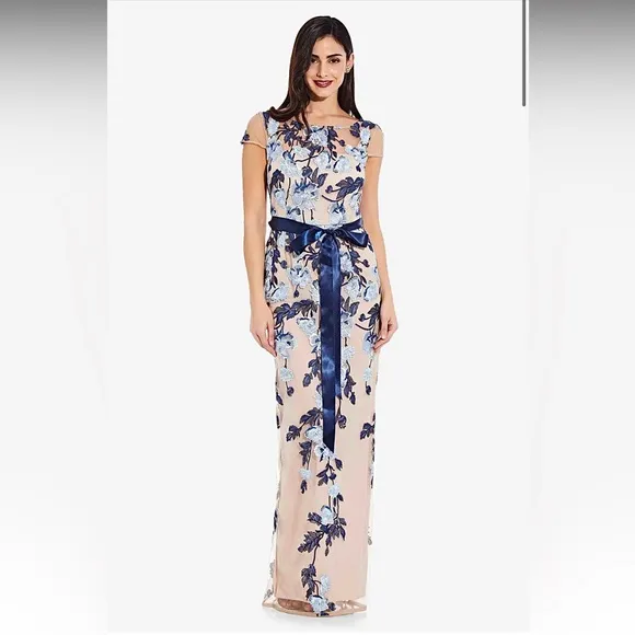 Adrianna Papell Embroidered Floral Mesh Column Gown | Size 6 NWT