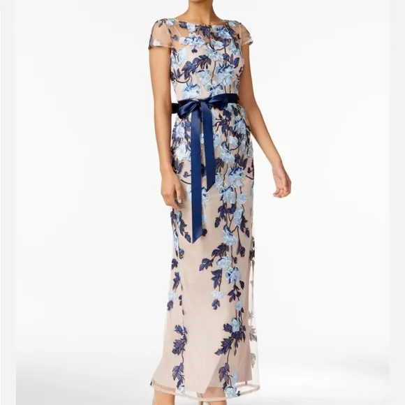 Adrianna Papell Embroidered Floral Mesh Column Gown | Size 6 NWT
