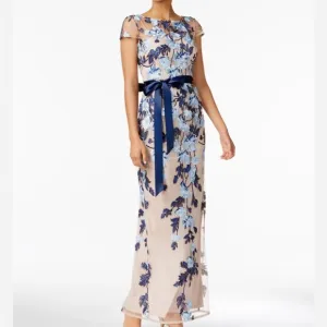 Adrianna Papell Embroidered Floral Mesh Column Gown | Size 6 NWT