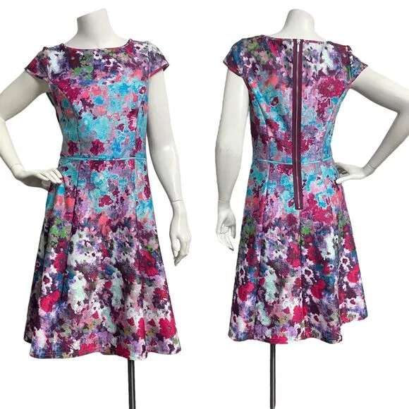 ADRIANNA PAPELL Multi Aqua Floral Scuba Womens Sz 4 Fit &amp; Flare Cocktail Dress