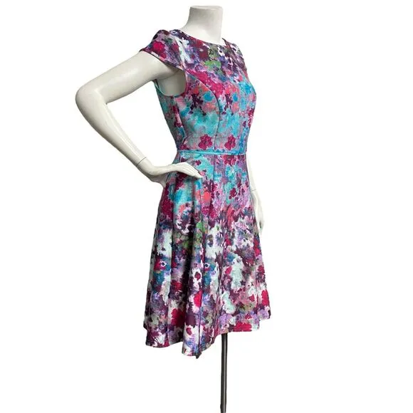 ADRIANNA PAPELL Multi Aqua Floral Scuba Womens Sz 4 Fit &amp; Flare Cocktail Dress