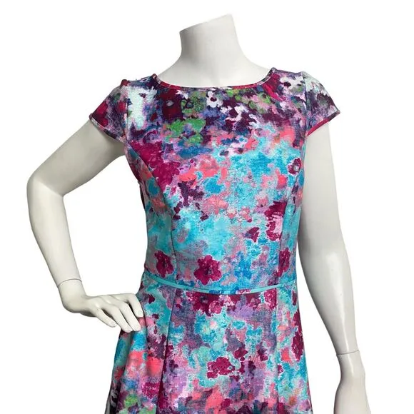 ADRIANNA PAPELL Multi Aqua Floral Scuba Womens Sz 4 Fit &amp; Flare Cocktail Dress