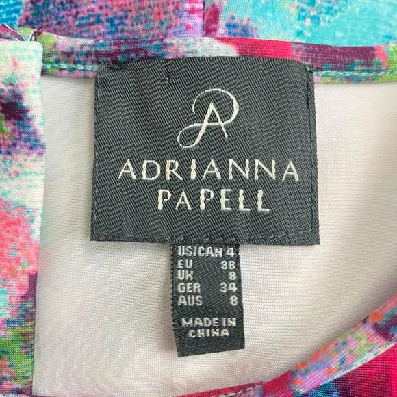 ADRIANNA PAPELL Multi Aqua Floral Scuba Womens Sz 4 Fit &amp; Flare Cocktail Dress
