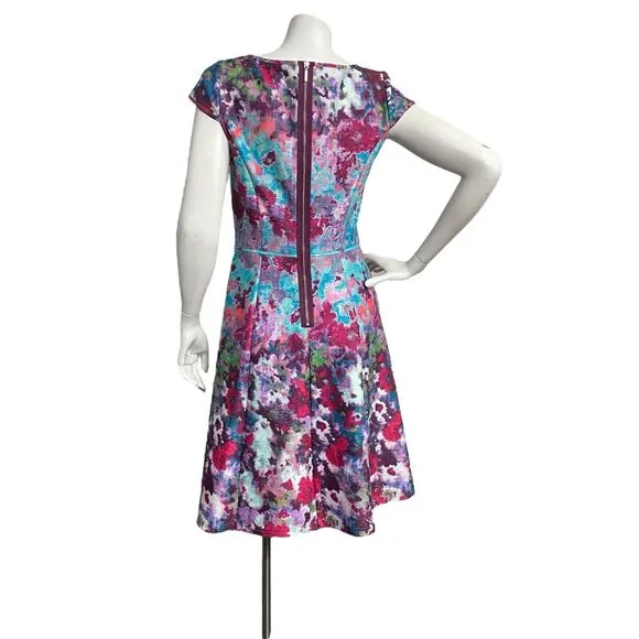 ADRIANNA PAPELL Multi Aqua Floral Scuba Womens Sz 4 Fit &amp; Flare Cocktail Dress