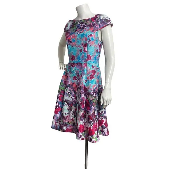 ADRIANNA PAPELL Multi Aqua Floral Scuba Womens Sz 4 Fit &amp; Flare Cocktail Dress