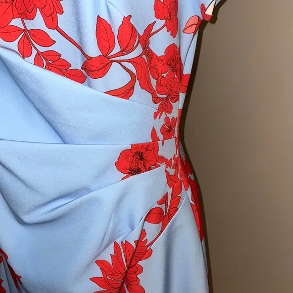 Adrianna Papell sheath floral ruffled hem dress short sleeve side drape / ruched