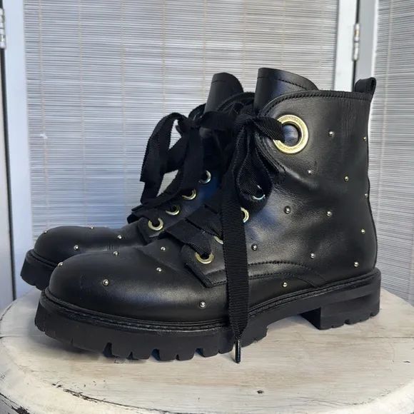 AGL studded black gold combat lug ankle boots