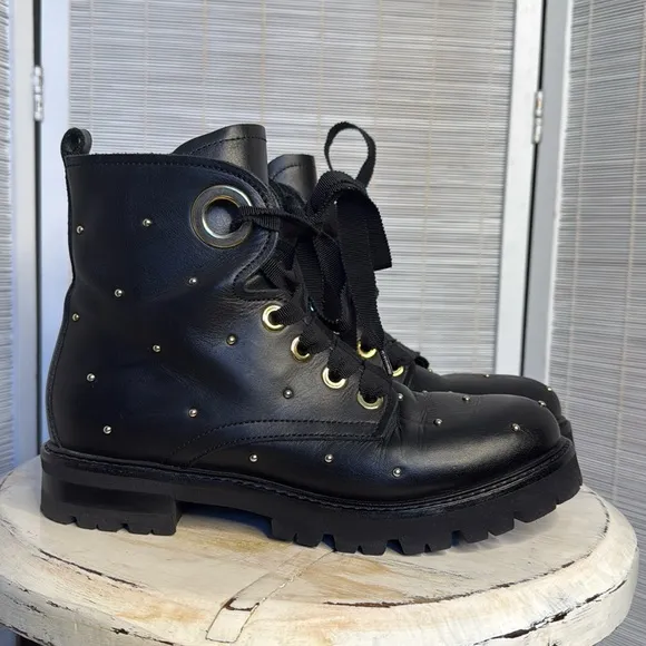 AGL studded black gold combat lug ankle boots