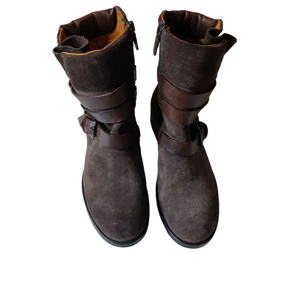 ALBERTO FERMANI Moto Biker Boots Suede Leather Size‎ 36 Buckle Straps Brown