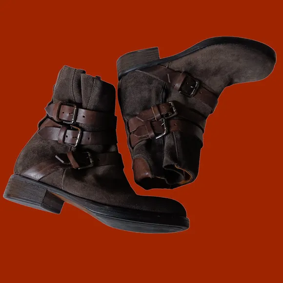 ALBERTO FERMANI Moto Biker Boots Suede Leather Size‎ 36 Buckle Straps Brown