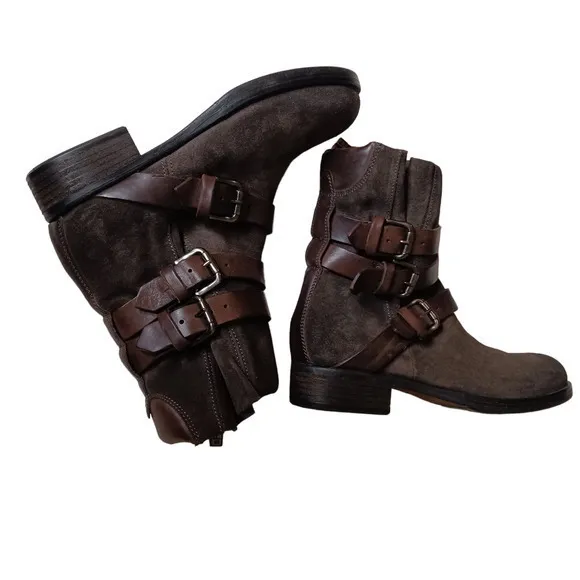 ALBERTO FERMANI Moto Biker Boots Suede Leather Size‎ 36 Buckle Straps Brown