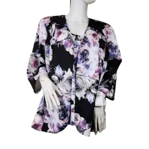 Alex Evenings Women's Jacket and Tank Size 1X Black multi floral 3/4 Sleeve (27)
