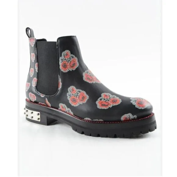 Alexander McQueen | Floral Print Leather Chelsea Booties in Black Size 38
