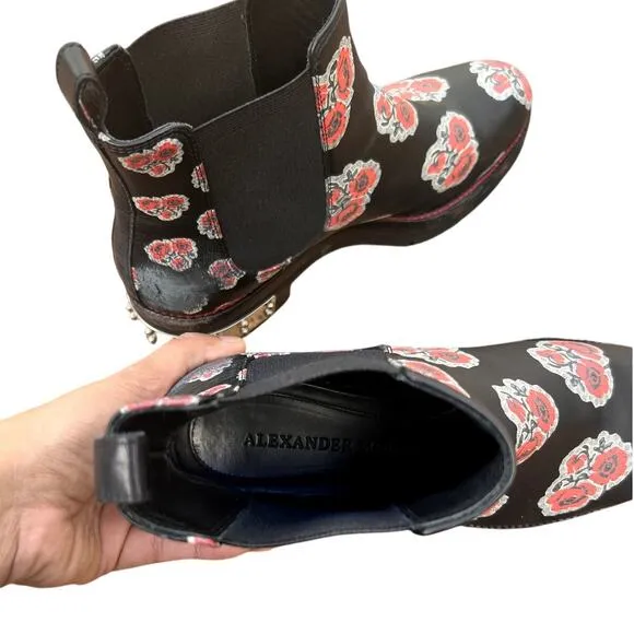 Alexander McQueen | Floral Print Leather Chelsea Booties in Black Size 38