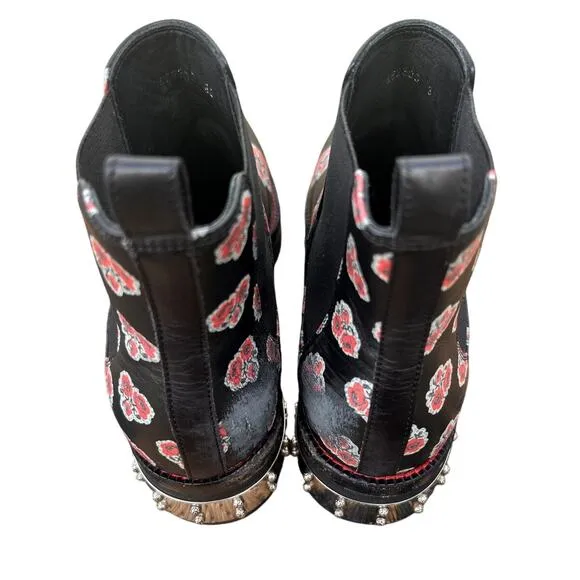 Alexander McQueen | Floral Print Leather Chelsea Booties in Black Size 38